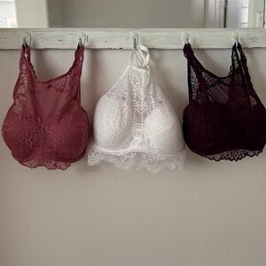 PINK Victoria's Secret Lace Bralette Trio - Burgundy, White, Dark Purple
